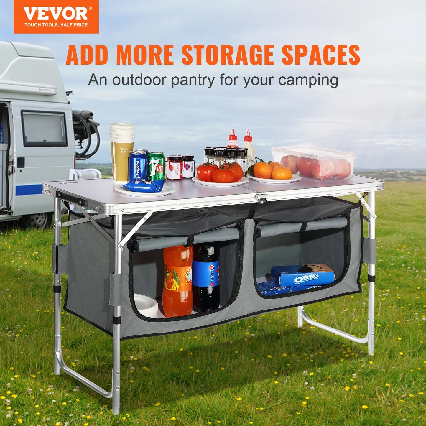 VEVOR Camping Kitchen Station, 3 Adjustable Height Folding Outdoor Camp Cooking Table with Storage Organizer - Health and Tech Solutions 25