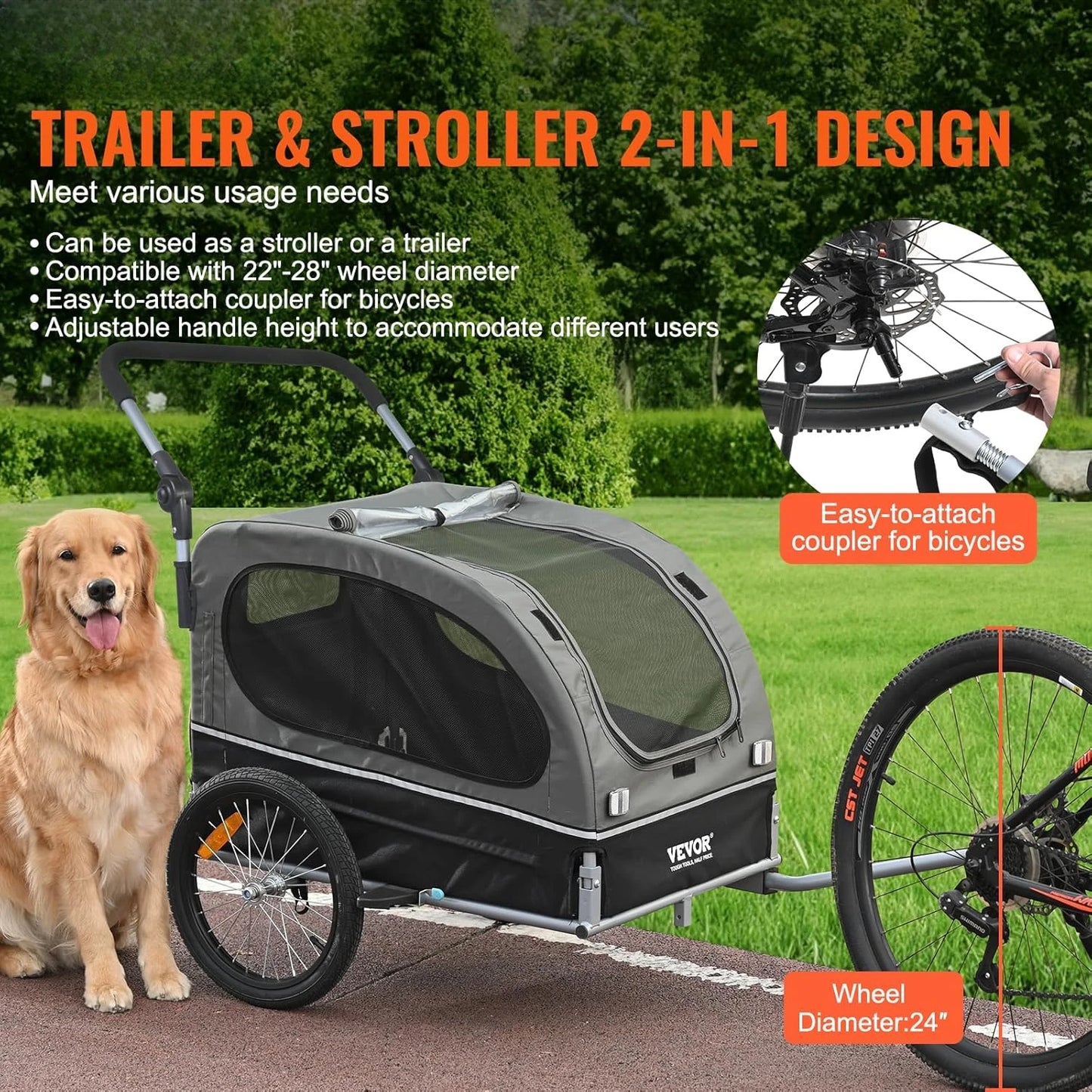 VEVOR Dog Bike Trailer, Supports up to 100 lbs, 2-in-1 Pet Stroller Cart Bicycle Carrier, Easy Folding Cart Frame with Quick Rel - Health and Tech Solutions 25