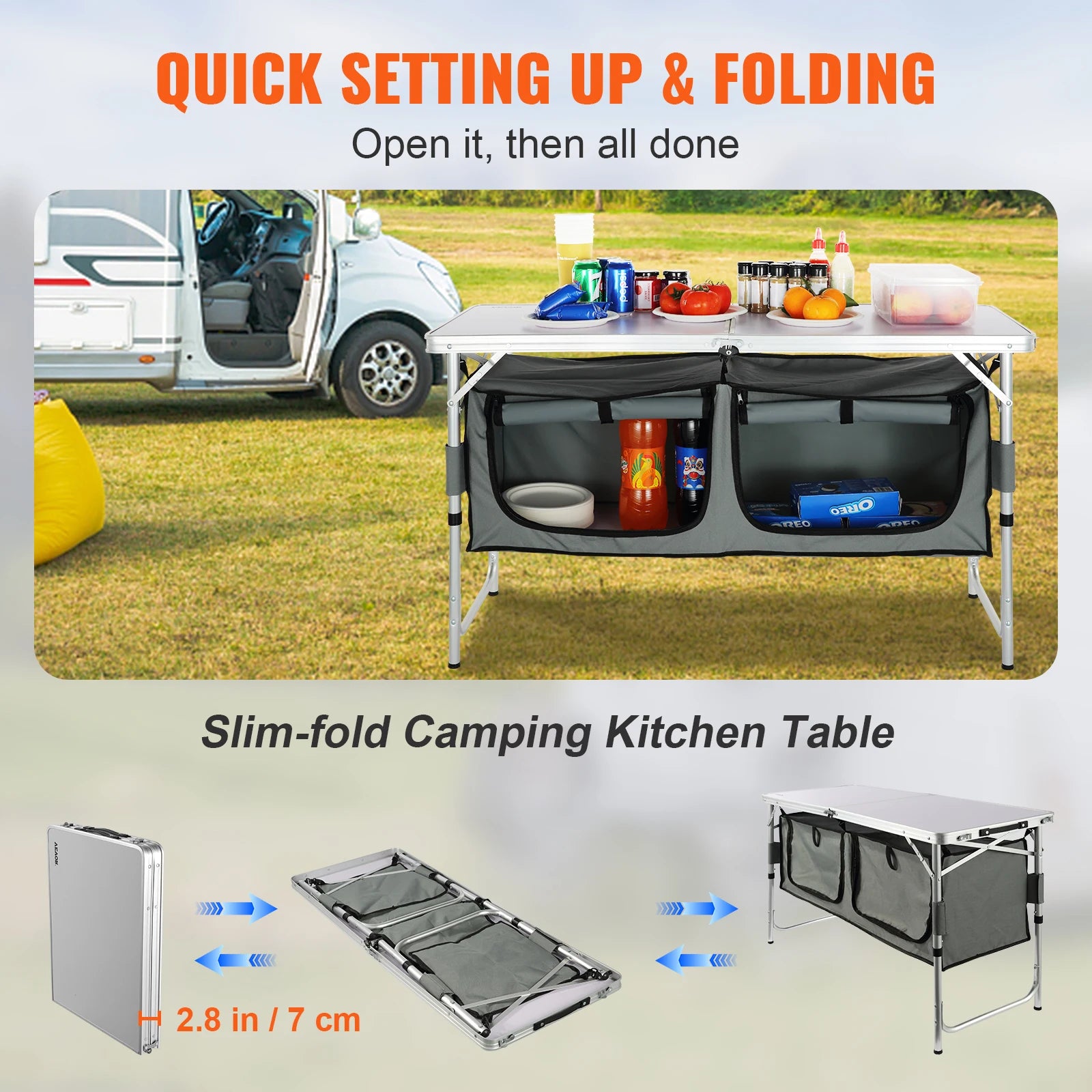 VEVOR Camping Kitchen Station, 3 Adjustable Height Folding Outdoor Camp Cooking Table with Storage Organizer - Health and Tech Solutions 25
